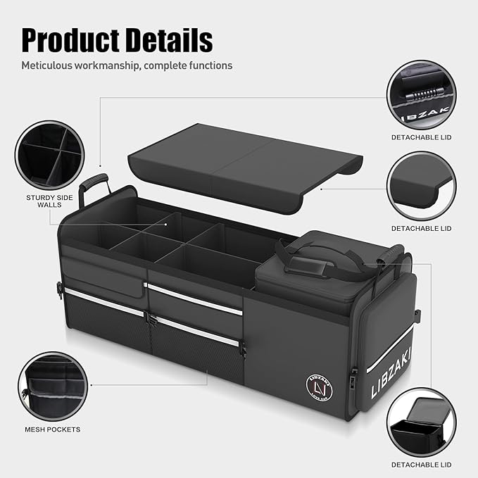 LIBZAKI Oversize 4 in 1 Car Trunk Storage Organizer, Multi Compartment Collapsible Trunk Storage Box with Cooler Bag for Car