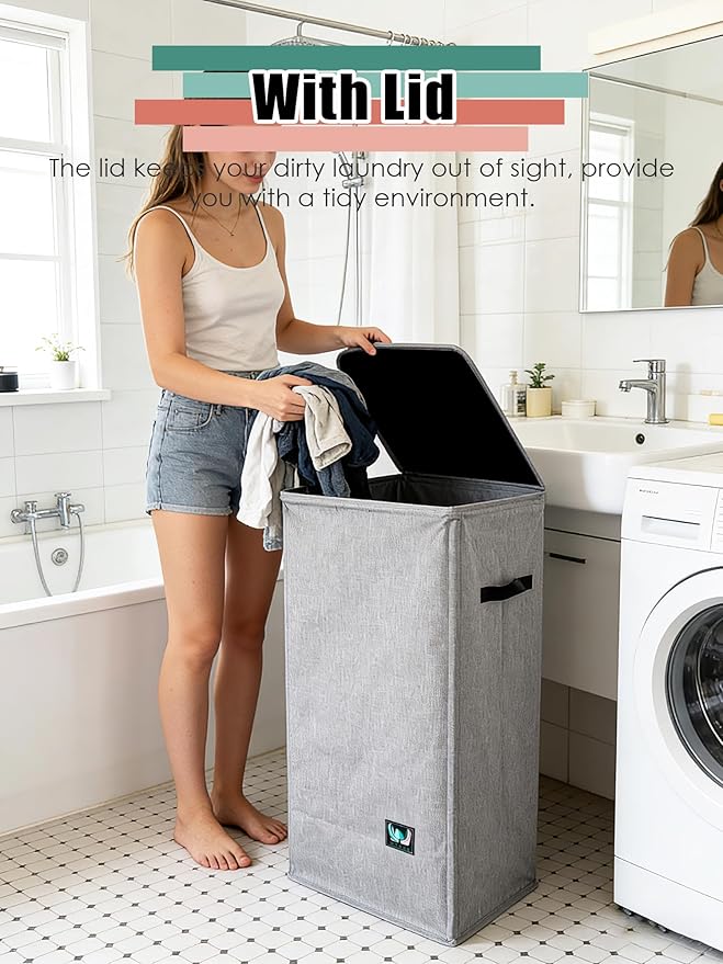 WTREE Laundry Hamper with Lid, Reinforced Sturdy Clothes Hamper with Anti-Puncture Base, Large Collapsible Laundry Basket wit