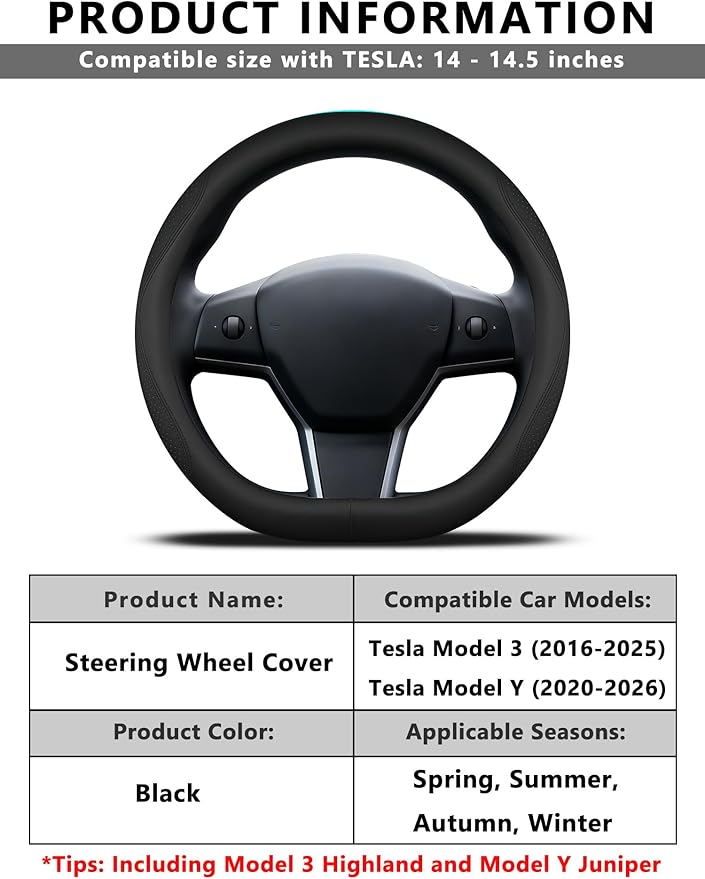 Custom Fit for Tesla Steering Wheel Cover Model 3 (2017-2026) & Model Y (2020-2026), Leather Designed for Tesla Highland/Juni