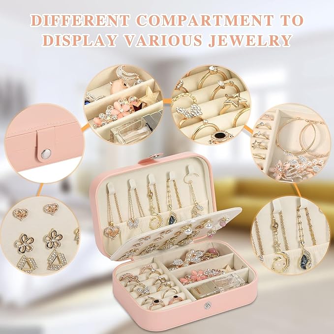 Travel Jewelry Box, PU leather Small Jewelry Organizer For Female Girls, double layer portable mini travel case for storing e