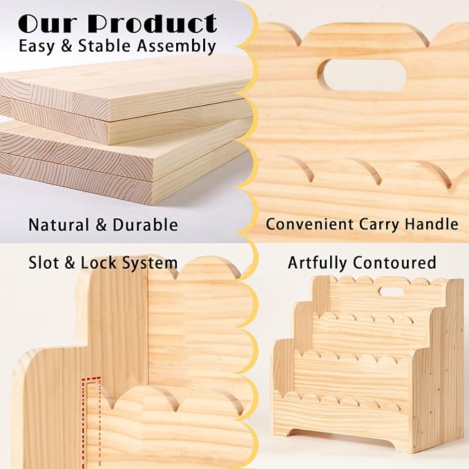 Kids Bookshelf Storage 3-Tier, Book Case for Kids Rooms, Scalloped Wooden Montessori Bookcase for Toddlers & Baby, Small Nurs