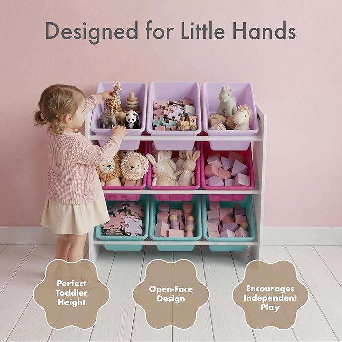 Humble Crew 9-Bin Toy Organizer – Forever Natural White/Pink/Purple/Aqua Plastic Bins, 3-Tier Storage Solution for Kids' Play