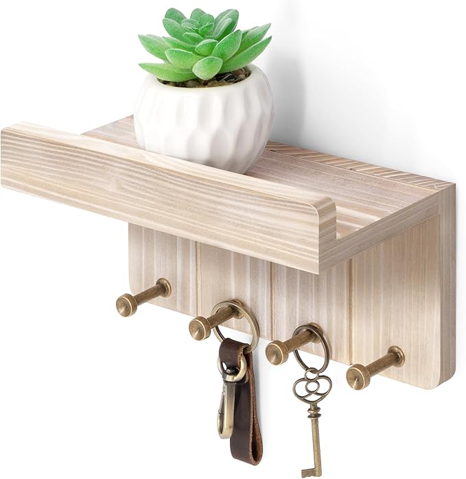 Rebee Vision Farmhouse Key Holder Wall Mount - Key and Mail Holder for Wall with Mini Floating Shelf and 4 Key Hooks - Perfec