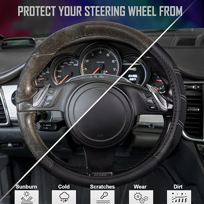 CAR PASS Line Rider Microfiber Leather Sporty 14.5-15 inch Steering Wheel Cover Universal Fits for 95% Truck,SUV,Cars, Anti-S