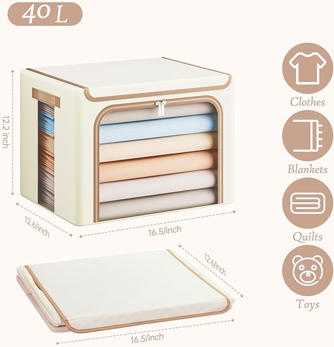 Yecaye Clothes Storage Bins with Metal Frame, Foldable Clothing Storage Bin with Lid, Stackable Oxford Fabric Organizer Box W