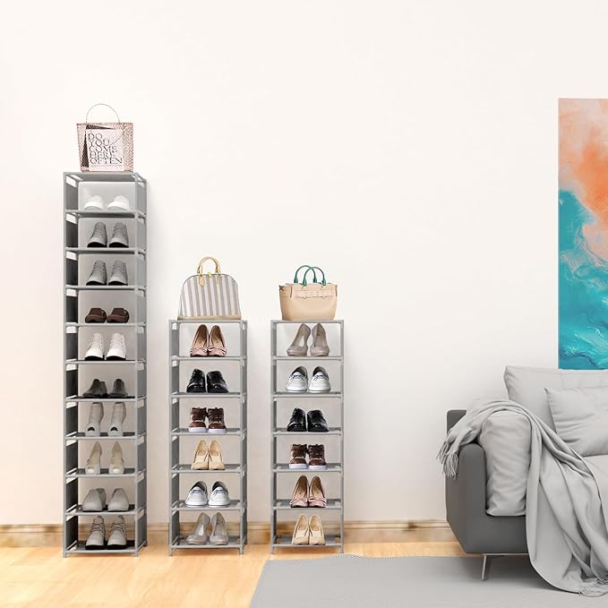 10 Tier Vertical Shoe Rack - Grey Narrow Shoe Rack for Closet & Entryway, Space Saving Tall Shoe Organizer for Small Spaces, 