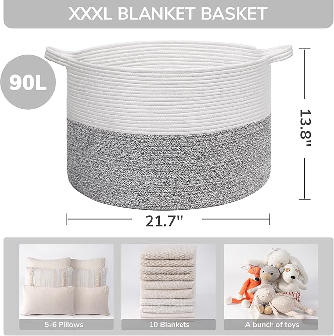 INDRESSME Large Storage Basket, 21.7'' x 13.8'' Cotton Rope Blanket Basket Living Room, Toy Organizers and Storage with Handl