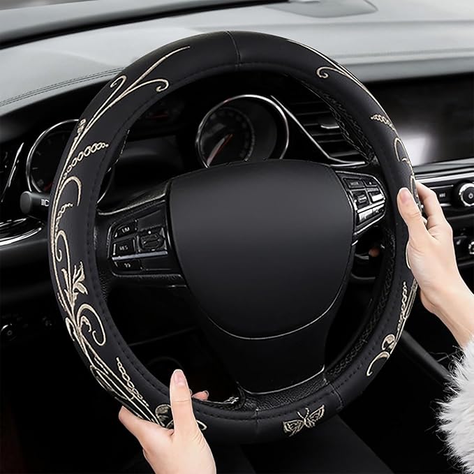 Car Leather Steering Wheel Cover - Panapi Material, Universal 14.5-15 Inch Leather Anti-Slip Breathable Auto Steering Wheel C