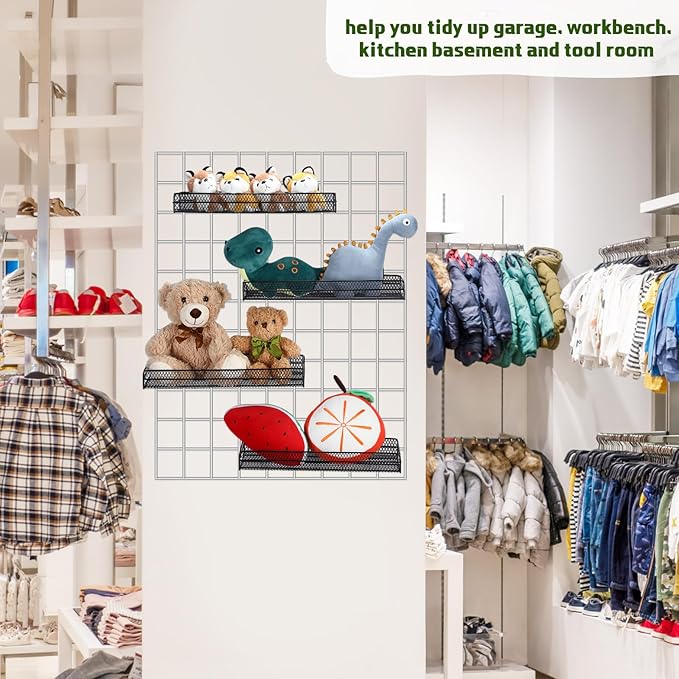 4 Pcs Black Metal Grid Wall Baskets with Hooks Hanging Wire Mesh Basket for Gridwall Wall Mounted Storage Organizer for Home 