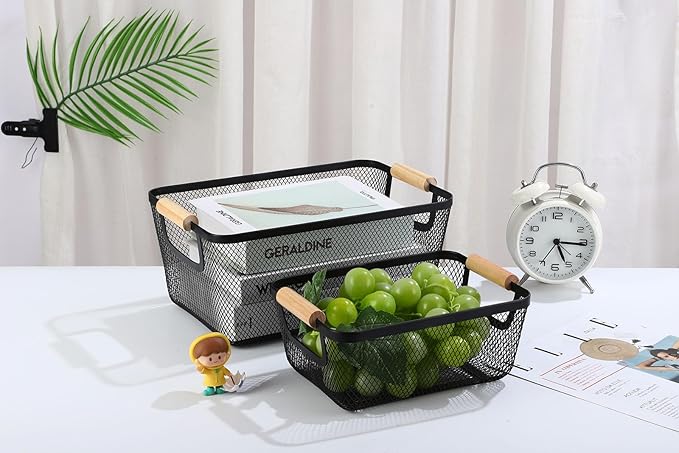 AJIODA 2 Pack Metal Mesh Steel Basket, Small Wire Storage Organizer Basket Multi-function Hanging Kitchen Basket Fruit Basket