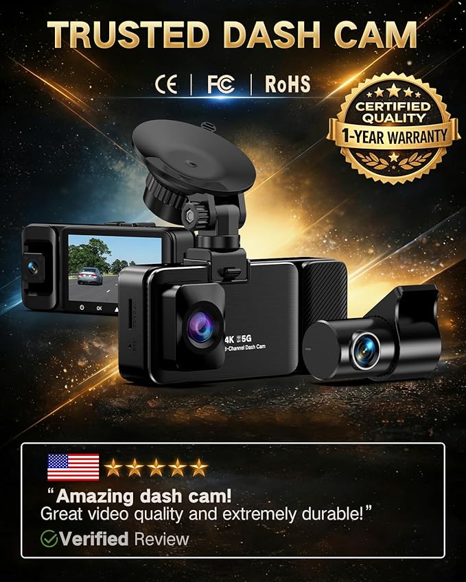 4K Dash Cam Front and Rear Inside, 3-Channel Cars Camera Dash with 170° Wide Angle, Free 64GB SD Card, 5.8GHz WiFi, Night Vis