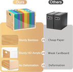 Sbanmao Clear Acrylic File Box Organizer, Bamboo Hanging Folder Storage Boxes, Filing Crate Bin Holder with Handle for Home O