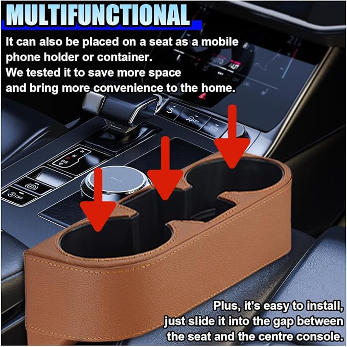 Car Cup Holder, PU Leather Auto Front Console Gap Filler Organizer, Multifunctional Cup Drink Holder, Car Seat Gap Filler Storage Box, Coin Bucket, Cell Mobile Phone Holder (Brown)