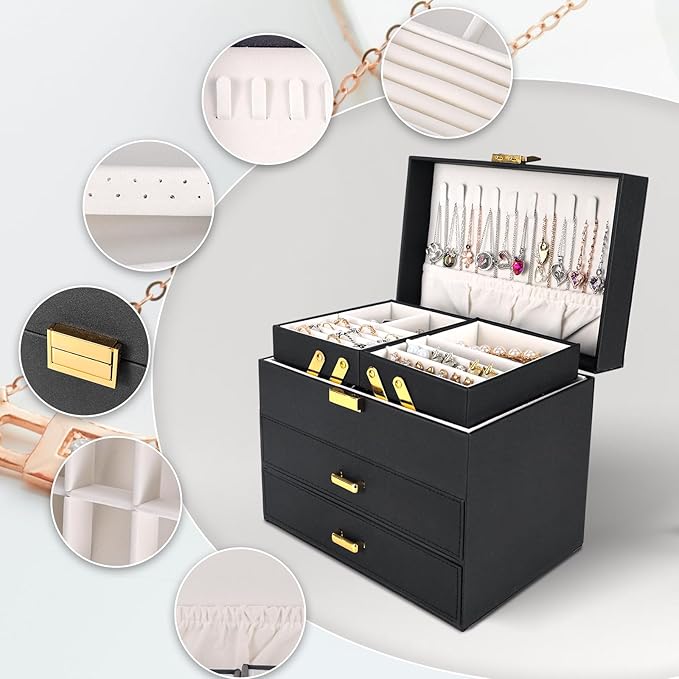 Dajasan Jewelry Organizer Box, Large Jewelry Boxes for Women Girls, Space-Saving 4 Layers Jewelry Storage Case with Drawer, M
