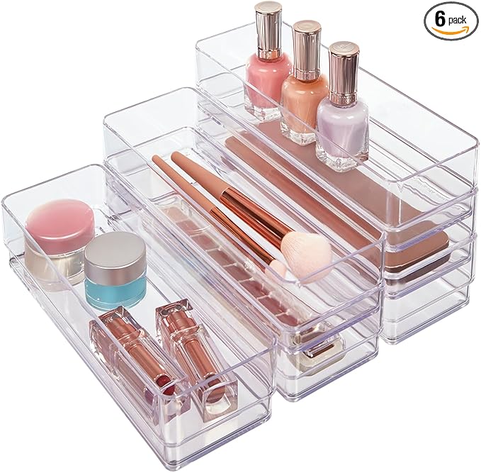 STORi SimpleSort 6-Piece Stackable Clear Drawer Organizer Set | 9" x 3" x 2" Rectangle Trays | Narrow Makeup Vanity Storage B