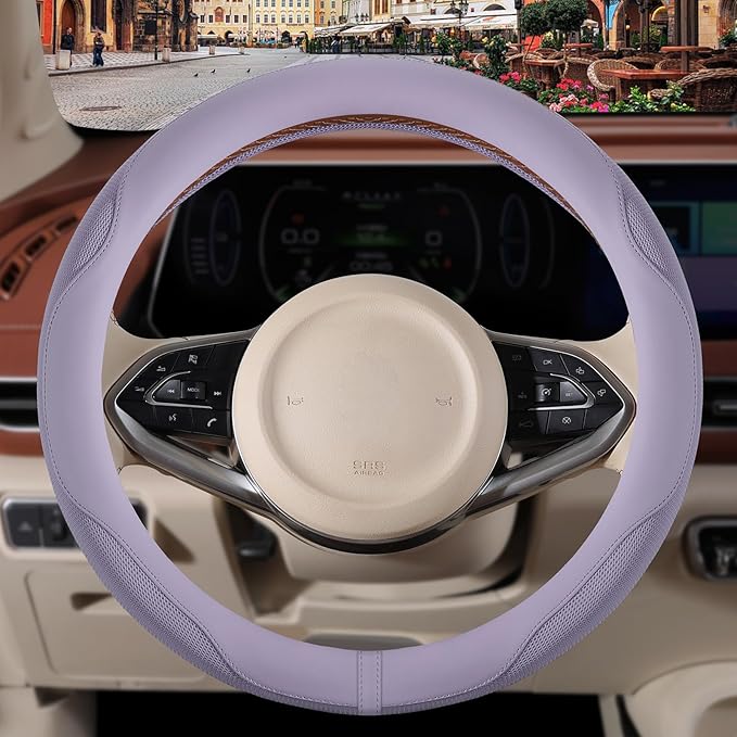 Nappa Leather Purple Steering Wheel Cover, Advanced Microfiber Leather Non-Slip Breathable Fabric, Warm in Winter and Cool in