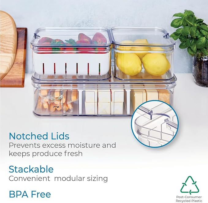 iDesign Crisp 3-Piece Recycled Plastic Refrigerator Organizer Bin Set with Lids, Clear/White