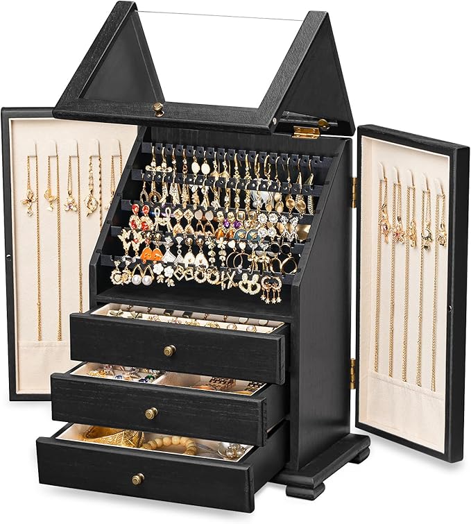 Jewelry Box Organizer, Rustic Wooden Jewelry Boxes for Women Girls, Large Storage Earring Holder Organizer Display for Earrin