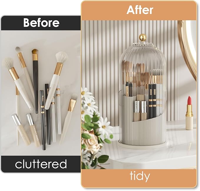 YOOLENS Makeup Brush Holder with Lid 360 Rotating Clear Dustproof Make Up Organizers for Vanity Bathroom Countertop, Transpar