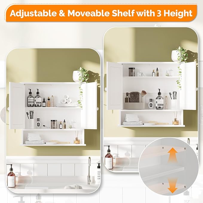 VINGLI Medicine Cabinet with Mirror, Wall Mounted Bathroom Cabinet with Open Shelf, 2-Door White Storage Organizer Over Toile