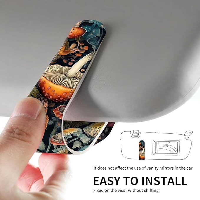 Leather Magnetic Sunglass Holder for Car Sun Visor, Cute Eyeglass Ticket Card Hanger Clip, Universal Auto Interior Accessories for SUV Pickup Truck Vintage Cute Mushroom