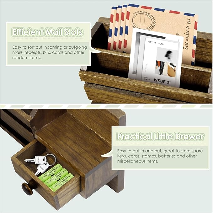 VIS'V Key Holder Wall Mount, Wooden Mail and Key Organizer with Drawer and Shelf, 2 Slots, 6 Hooks, Brown