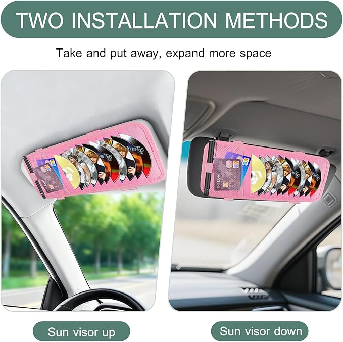 Sun Visor CD Holder, 12-Capacity Car Visor Organizer with DVD Sleeves and Mesh Pocket, Universal Visor Storage for Vehicle CD Case and Pen Holder Ergonomic Design (Pink 1 Pcs)