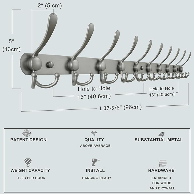 Dseap Coat Rack Wall Mount - 38” Long 10-Tri-Hooks Heavy Duty Coat Hanger Rail Wall Hooks for Hanging Coats Hats Clothing Clo