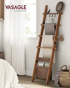 VASAGLE Blanket Ladder for Living Room, 5-Tier Wooden Ladder Shelf, Decorative Farmhouse Blanket Rack with Synthetic Leather 