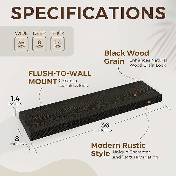 Dreamland 36 Inch Long Floating Shelves in Black,8 Inch Deep Floating Shelf for Wall,Large Display & Storage Shelf, Wall Shel