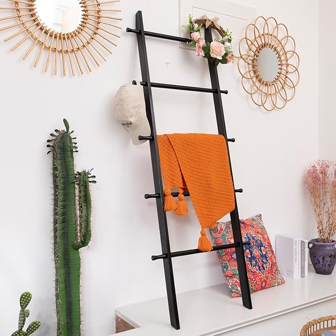 5-Tier Blanket Ladder – 4.8 Ft Wall Leaning Quilt Rack, Farmhouse Blanket Storage for Living Room, Bedroom & Bathroom – Rusti
