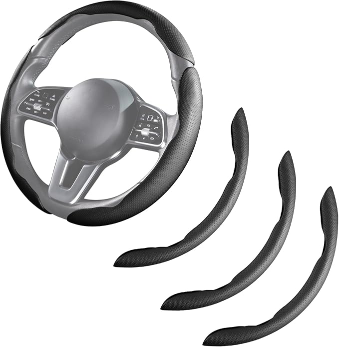 Car Steering Wheel Cover Leather Snap On 3Pcs Set Non-Slip Protector Wrap Steering Wheel Accessories 14.5-15 inch Universal B