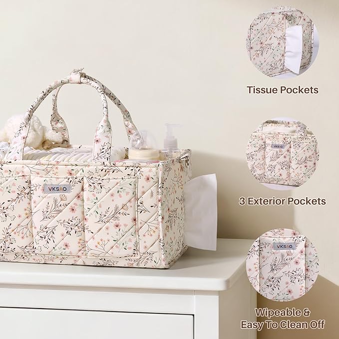 Baby Essentials Cute Floral Diaper Caddy Organizer – Portable Storage Basket with Shoulder Strap & Stroller Hooks, Splashproo