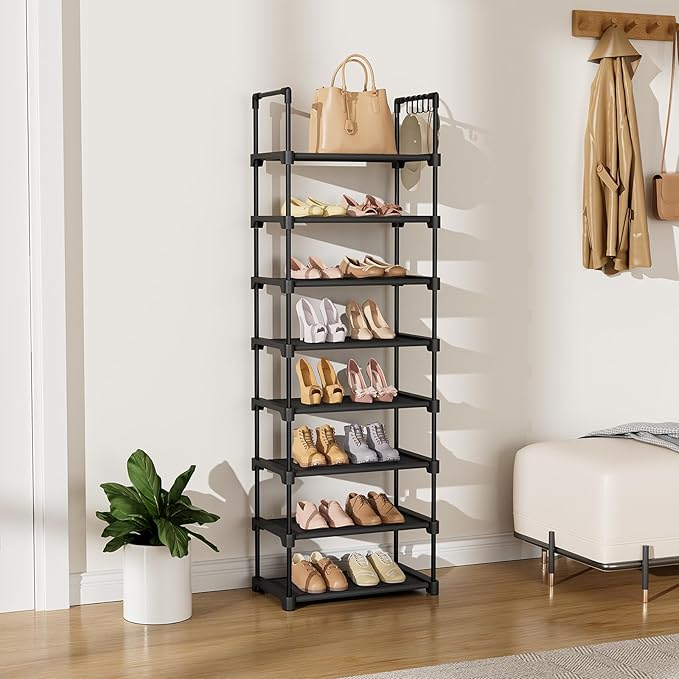 LANTEFUL Tall Shoe Rack 8 Tiers, 16-20 Pairs Shoe and Boots Organizer Storage Sturdy Shoe Shelf, Narrow Vertical Shoe Rack fo