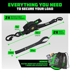 Rhino USA Retractable Ratchet Straps (2-Pack) - 1 Inch x 10 Feet (1,209lb Break Strength) - Auto Self Retracting Tie Down Straps for Truck, Cargo Trailer, Motorcycle, ATV, UTV - Black