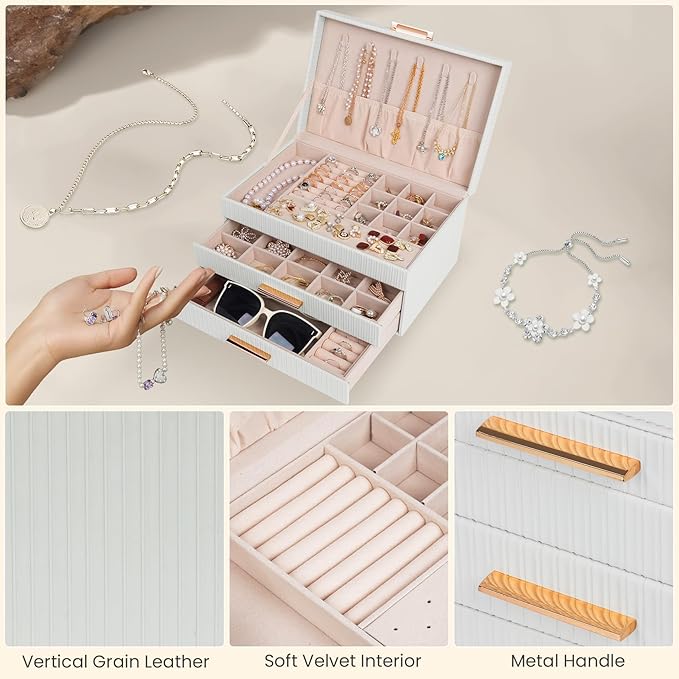 Dajasan Jewelry Box Organizer, 3-Tier Large Jewelry Storage Organizer with 2 Drawers, Space-Saving Jewelry Boxes for Women, P