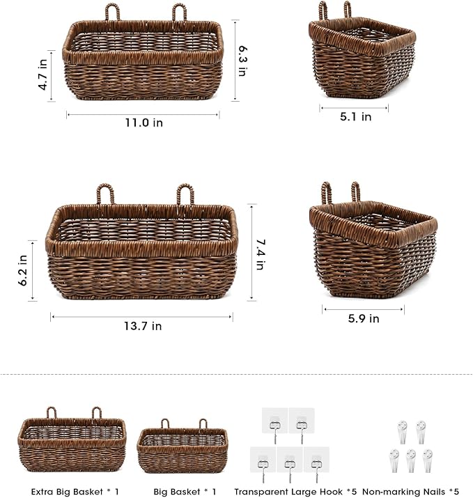 AceList Wall Hanging Basket, Boho Style Hand-Woven Hanging Storage Baskets - Set of 2, Ideal for Boho Room Decor, Kitchen, Ga