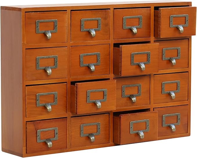 Card Catalog Desk Drawer Organizer - Wooden Storage Box with 16 Drawers - Home Office Desk Organizer Curio Cabinet - Rustic D