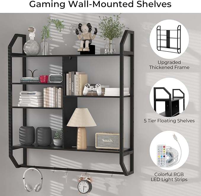 FAHKNS Gaming Floating Shelves, 35" Large LED Wall Shelves with Adjustable Tier, Wall Mounted Bookshelf with Hanging Pipe & 6