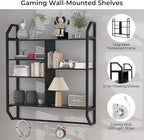 FAHKNS Gaming Floating Shelves, 35" Large LED Wall Shelves with Adjustable Tier, Wall Mounted Bookshelf with Hanging Pipe & 6
