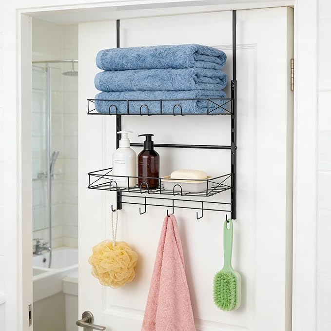 Widousy Over the Door Hat Organizer, 3 Tier Wall Mounted Hat Rack with 2 Adjustable Metal Basket and 3 Hooks, Baseball Cap Or