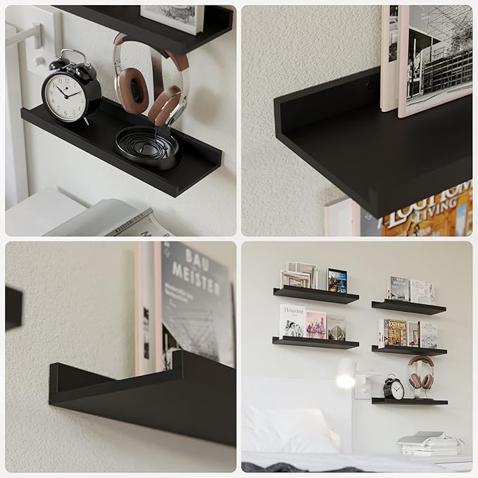 RICHER HOUSE 5 Set Floating Wall Mounted Shelves, Black Shelves for Wall Decor, Modern Picture Ledge Shelf with Lip for Stora