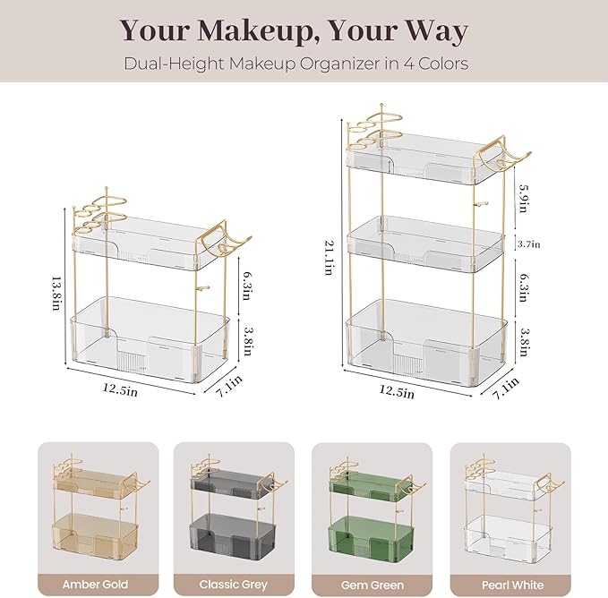 Bathroom Counter Organizer Countertop, 3 Tier Makeup Perfume Storage with Hair Dryer Rack and Toothbrush Holder, Cosmetic Tra