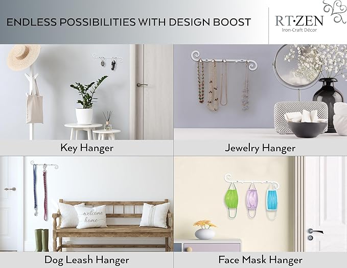 RTZEN Farmhouse Small Key Holder for Wall - Handcrafted Swirl Decorative 5 Key Hooks for Home Entryway - Wrought Iron Wall Mo