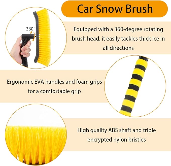25.5" Car Snow Brush and Detachable Ice Scraper, Snow Shovel for Car Window with Foam Grip and 360° Pivoting Brush Head, Snow Shovel for Car Window, Winter Accessories for Cars, Trucks, SUVs