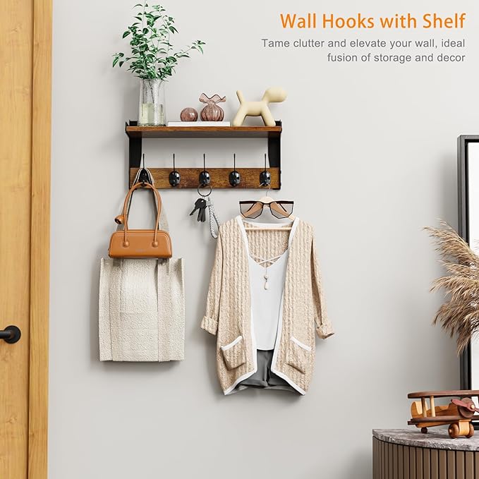 Wall Hooks with Shelf, Wood Coat Rack with Shelf Wall-Mounted, Entryway Hanging Shelves with 5 Metal Hooks for Clothes Hats T