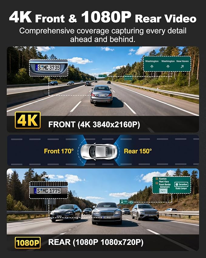 JOMISE 4K Dash Cam Front and Rear with 5Ghz WiFi GPS, Dual Dashcam with 64GB Card, 3" Screen, Night Vision, 24H Parking Mode 