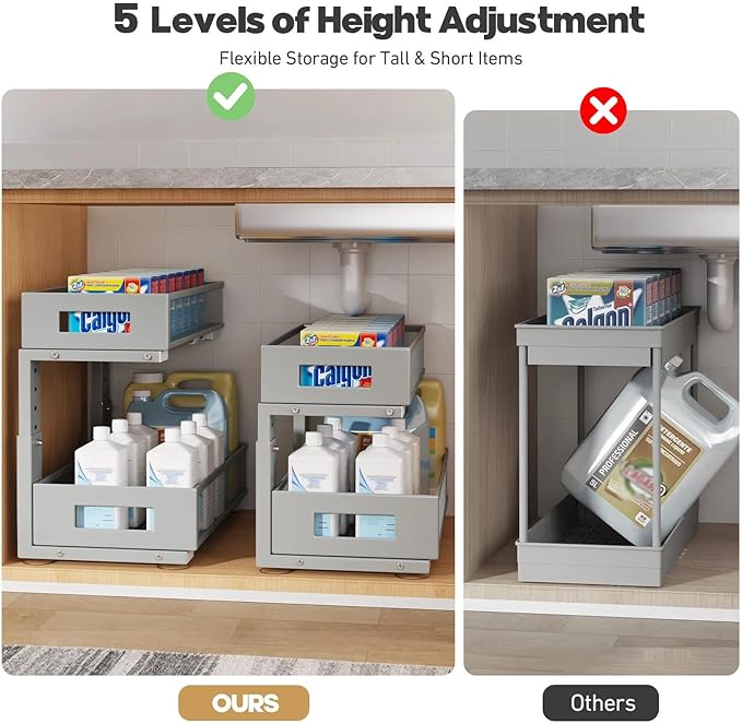 1 Pack 17IN Depth Under Sink Organizer, 2-Tier Pull Out Cabinet Organizer With Smooth Circular Rail, Large Capacity Metal Mes