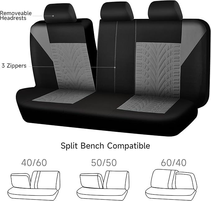 CAR PASS Car Seat Covers Full Sets, Front & Split Rear Bench for Car, 3D Tyre Embossed Automotive Interior Covers, Airbag Com