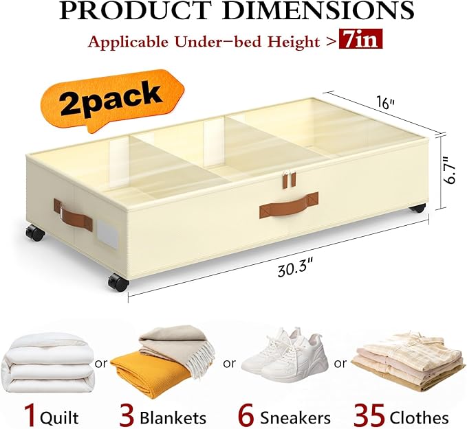 Yecaye Under Bed Storage with Wheels, 2 Pack Under Bed Storage Containers with Adjustable Dividers & Clear Lid, Rolling Under